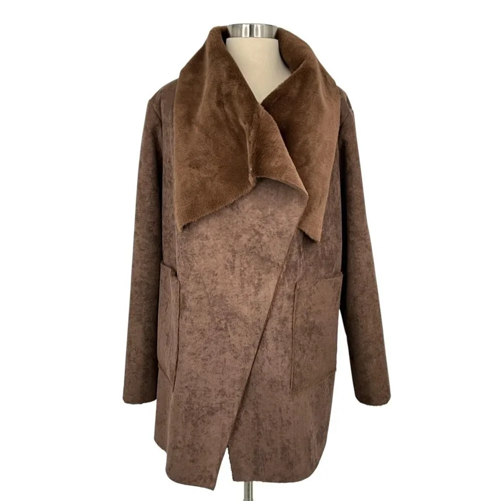 Lauren Ralph Lauren Coat Womens Large Brown Faux Shearling Fleece Drape Collar - Picture 2 of 14